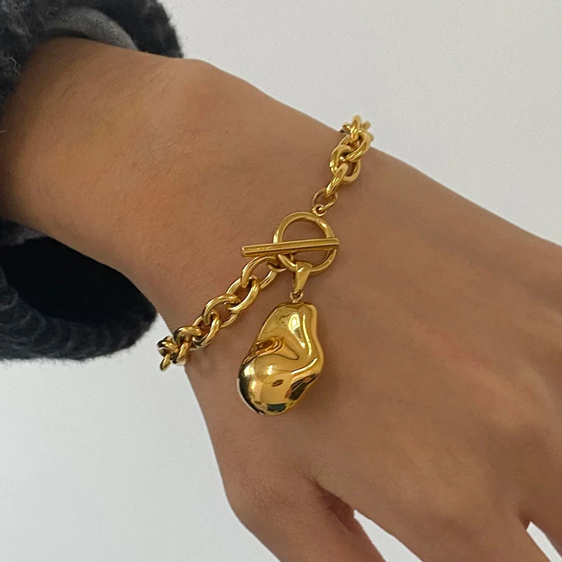 KIKA Minimalist Alien Steel Ball Pendant Bracelet Stainless Steel Cross Chain OT Buckle Bracelet Stackable Women's Jewelry