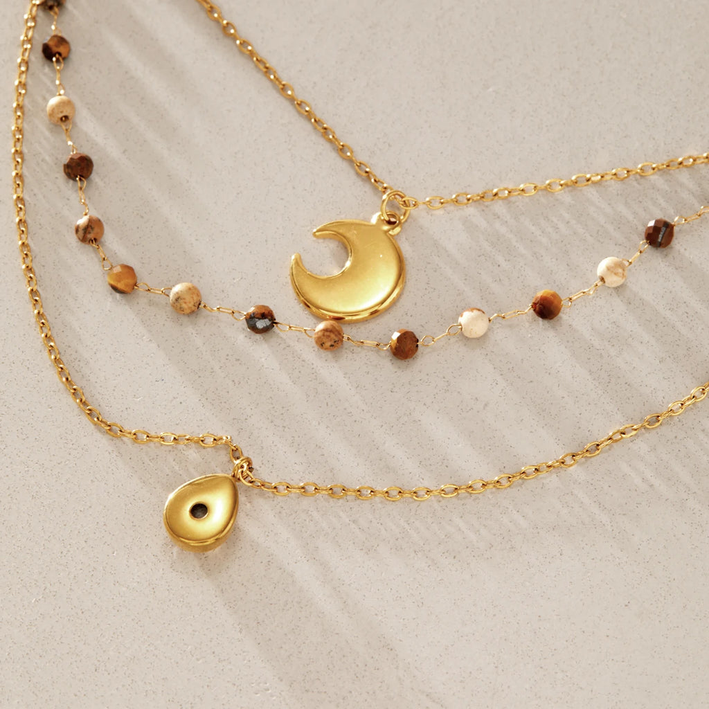 KIKA Natural Stone Beads Moon Water Drop Pendant Necklace For Women 18K Gold Plated Stainless Steel 316L
