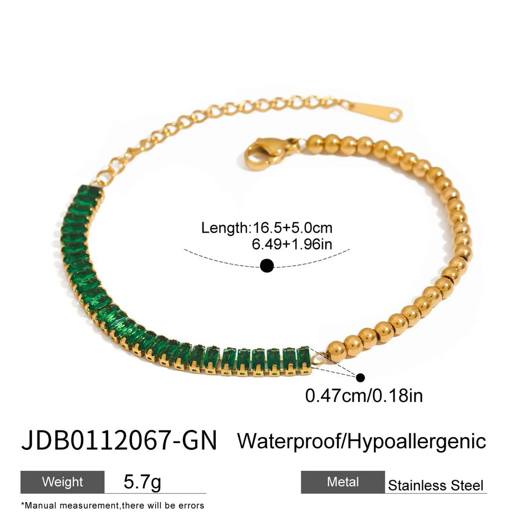 Kika Fashion Trend 18K Gold Color Plated Stainless Steel Rectangular Green Zirconia Chain Bracelet