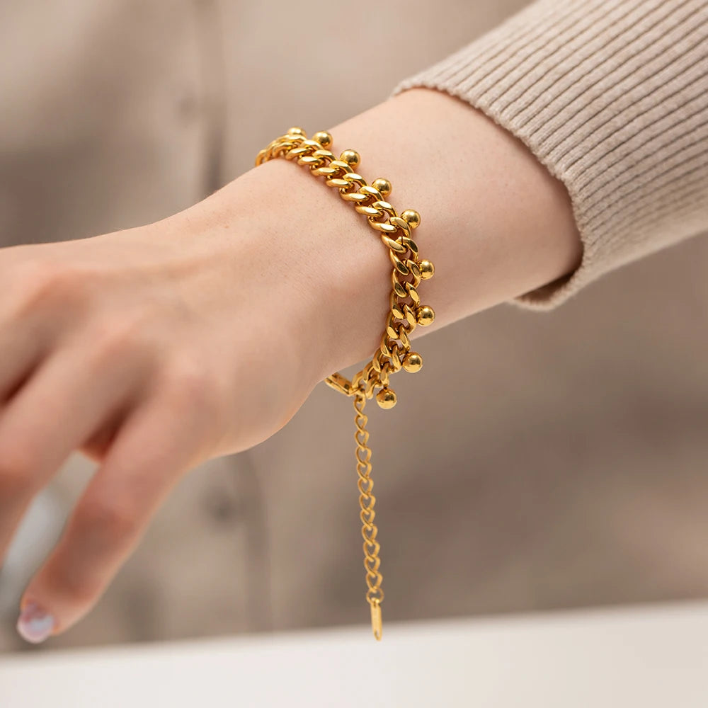 Kika INS 18K Gold Plated Plated Stainless Steel Jewelry Width Cuban Chain Bead Tassel Bracelet