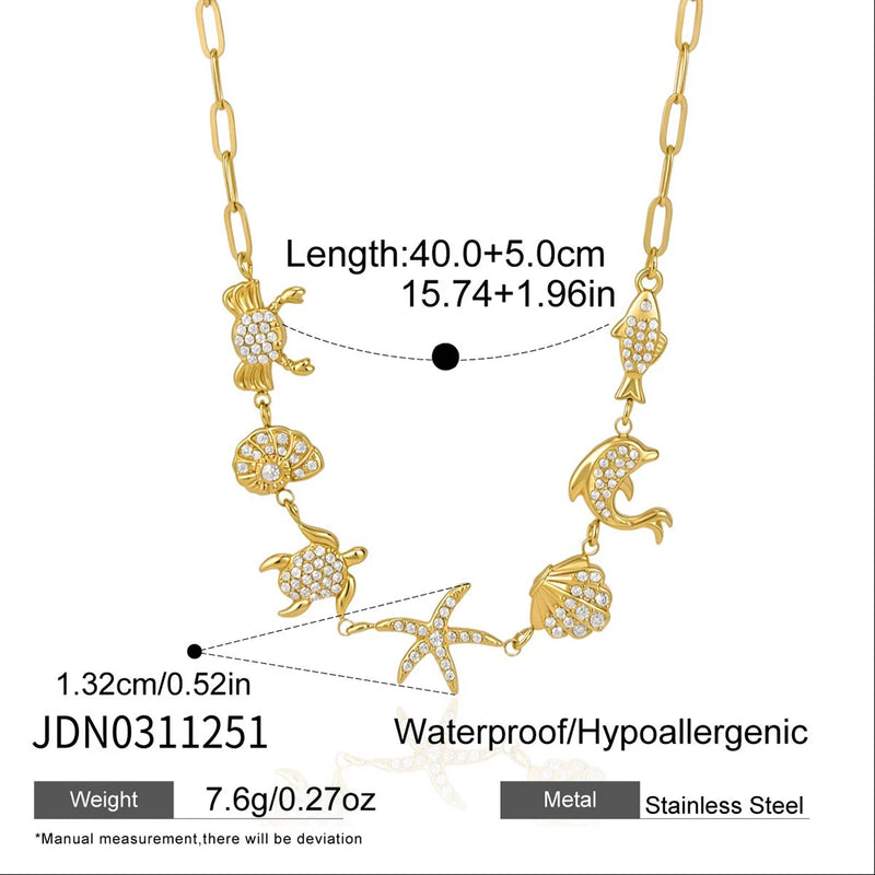 Kika White Rhinestone Crab Conch Starfish Paperclip Necklaces