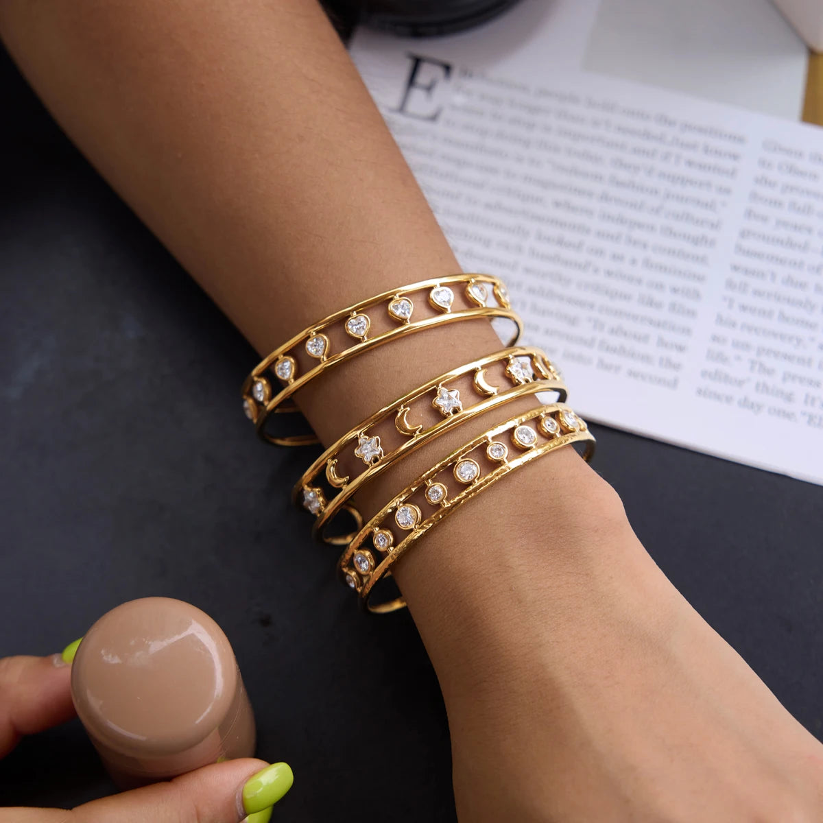 Kika Round Heart Star Zircon Cuff Bracelet For Women Multilayer 18K Gold Plated Stainless Steel Open Bangle Fashion Jewelry