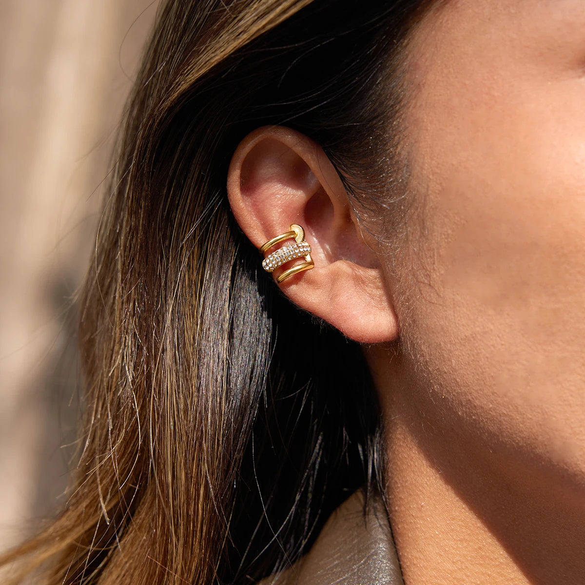 KIKA Delicate Three Layer Ear Clip With White Rhinestone Earrings  PVD  Plated Stainless Steel 316L