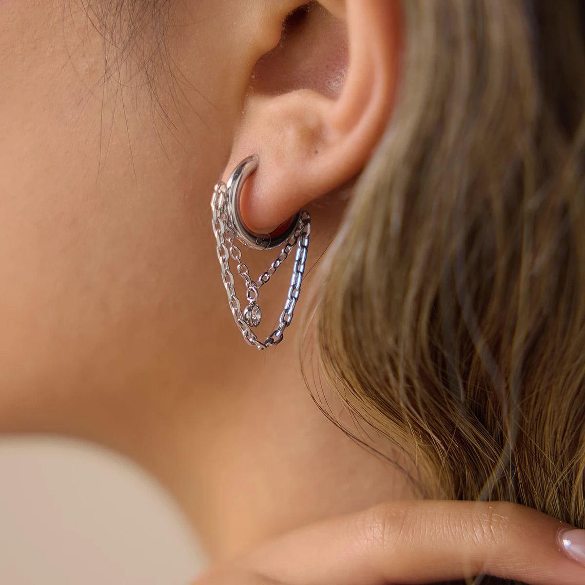 Kika Classic Steel Color Circular Zircon Chain Tassel Earrings