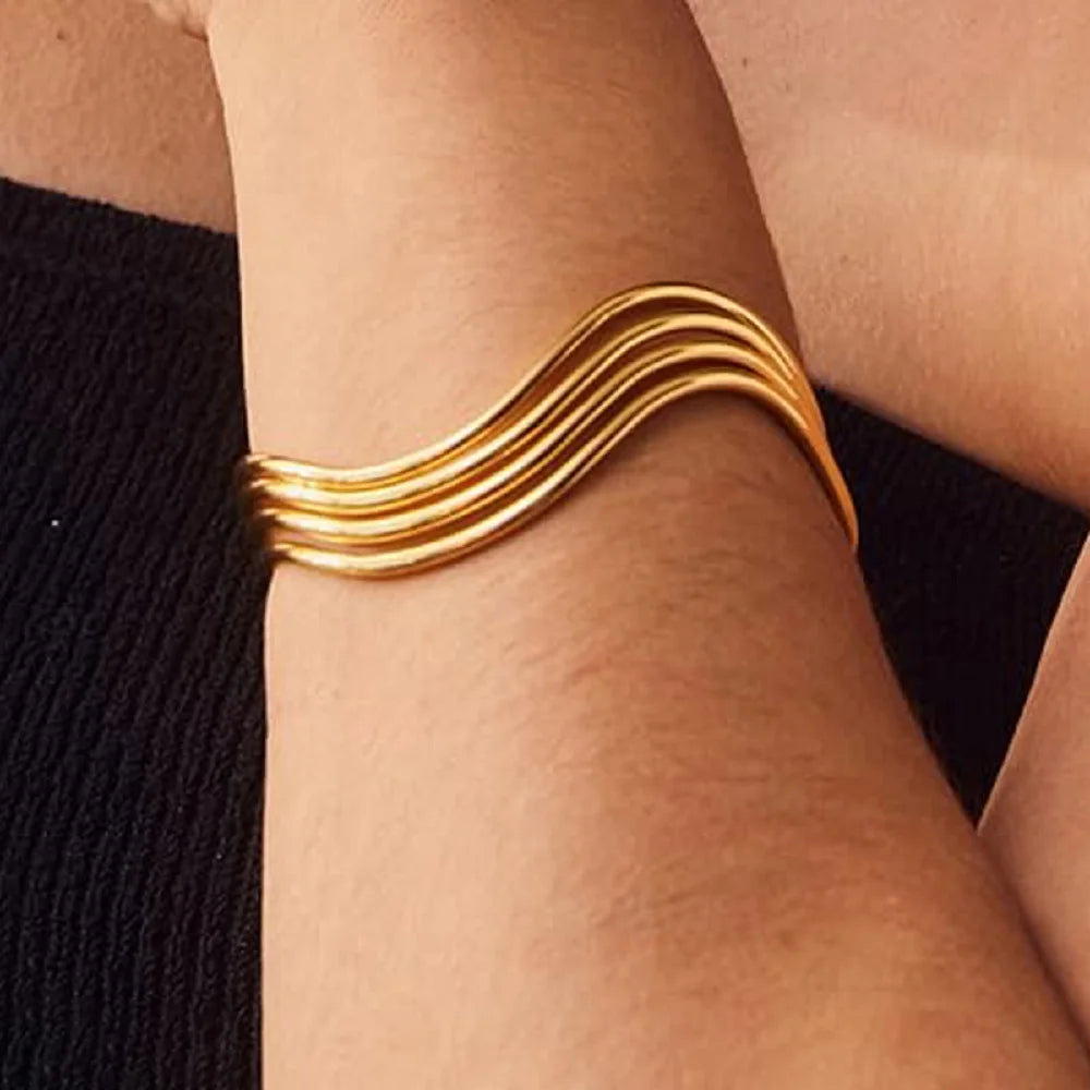 Kika Minimalist 18K Gold Color Plated Stainless Steel Multi Layer Line Hollow  Bracelets Woman