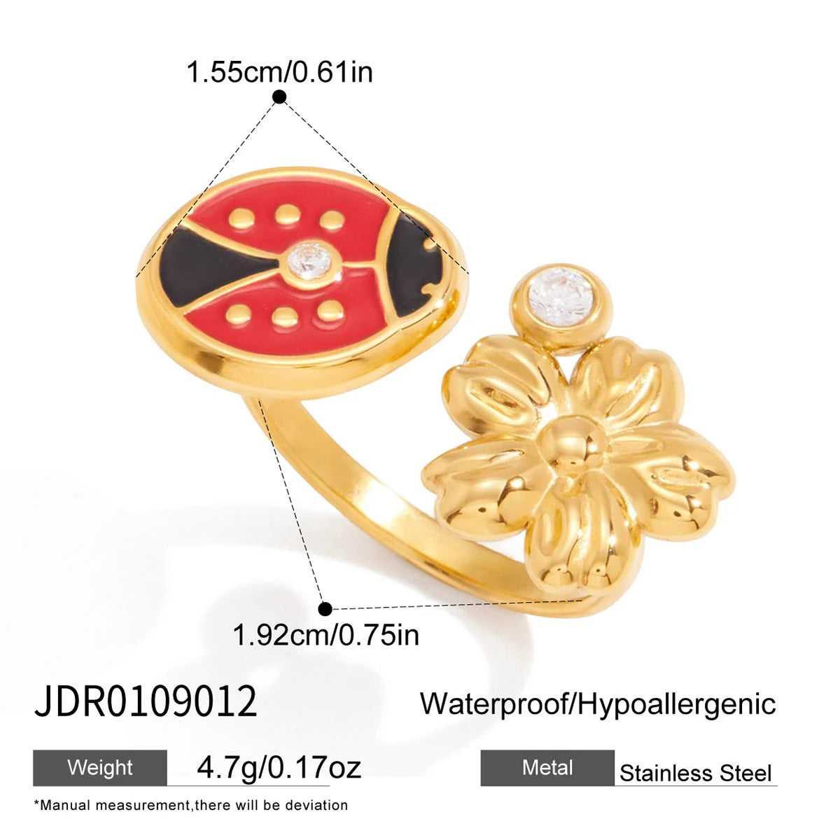 KIKA Fashion Stainless Steel 316L Zircon Drop Oil Ladybug Flower Adjustable Open Ring 18K Golden PVD Plated High Quality Jewelry