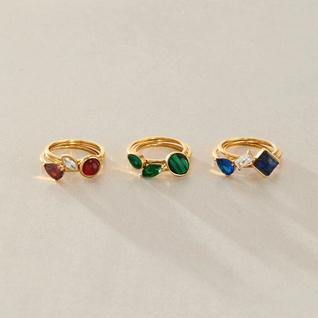KIKA Elegant Zircon Natural Stone Rings For Women Multilayer 18K Gold PVD Plated Stainless Steel Open Rings Fashion Jewelry