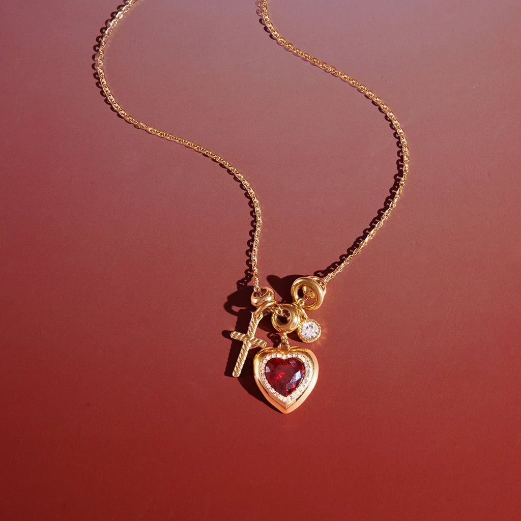Classic Cross Red Zircon Heart Rhinestone Necklace