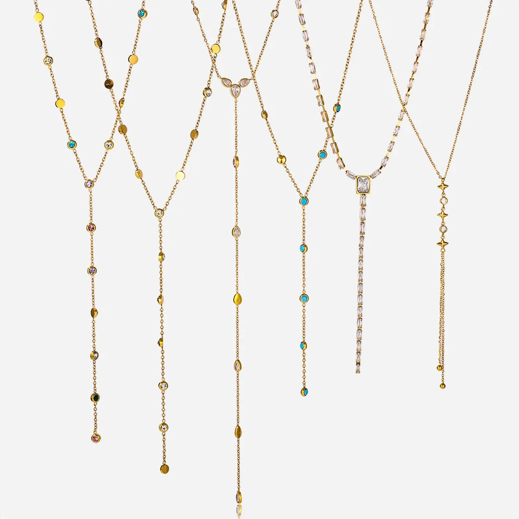 KIKA Delicate Zircon Pendant Y Shape Chain Necklace 18K Gold Plated Stainless Steel Necklace 316L