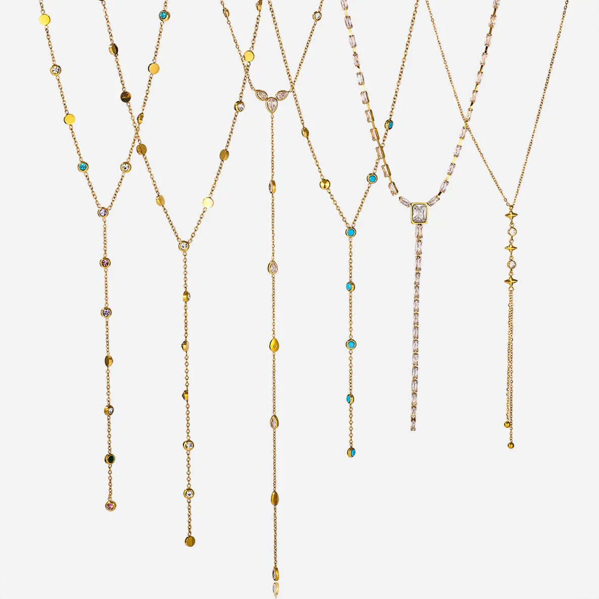 KIKA Delicate Zircon Pendant Y Shape Chain Necklace 18K Gold Plated Stainless Steel Necklace 316L