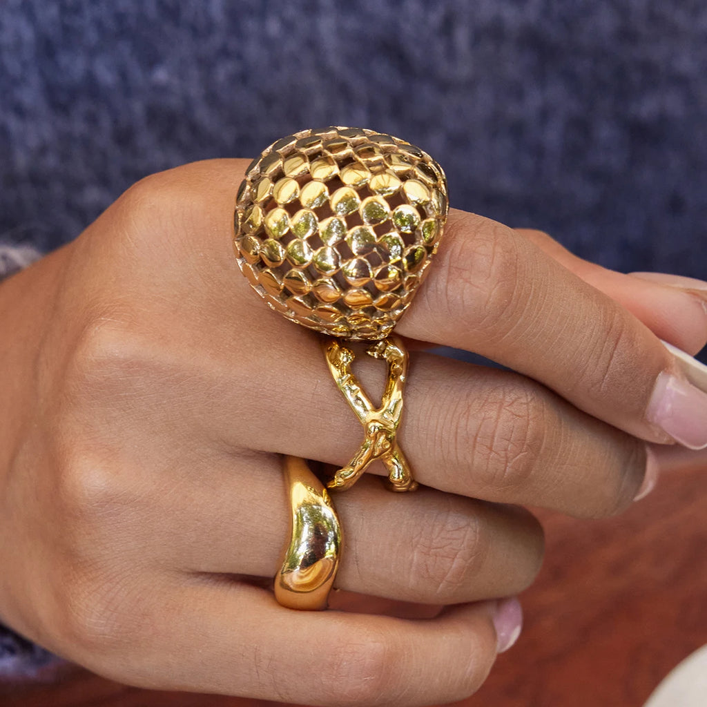 KIKA Unique Designer PVD Plated Mesh Hollow Spherical Exaggerated Rings Waterproof Stainless Steel 316L