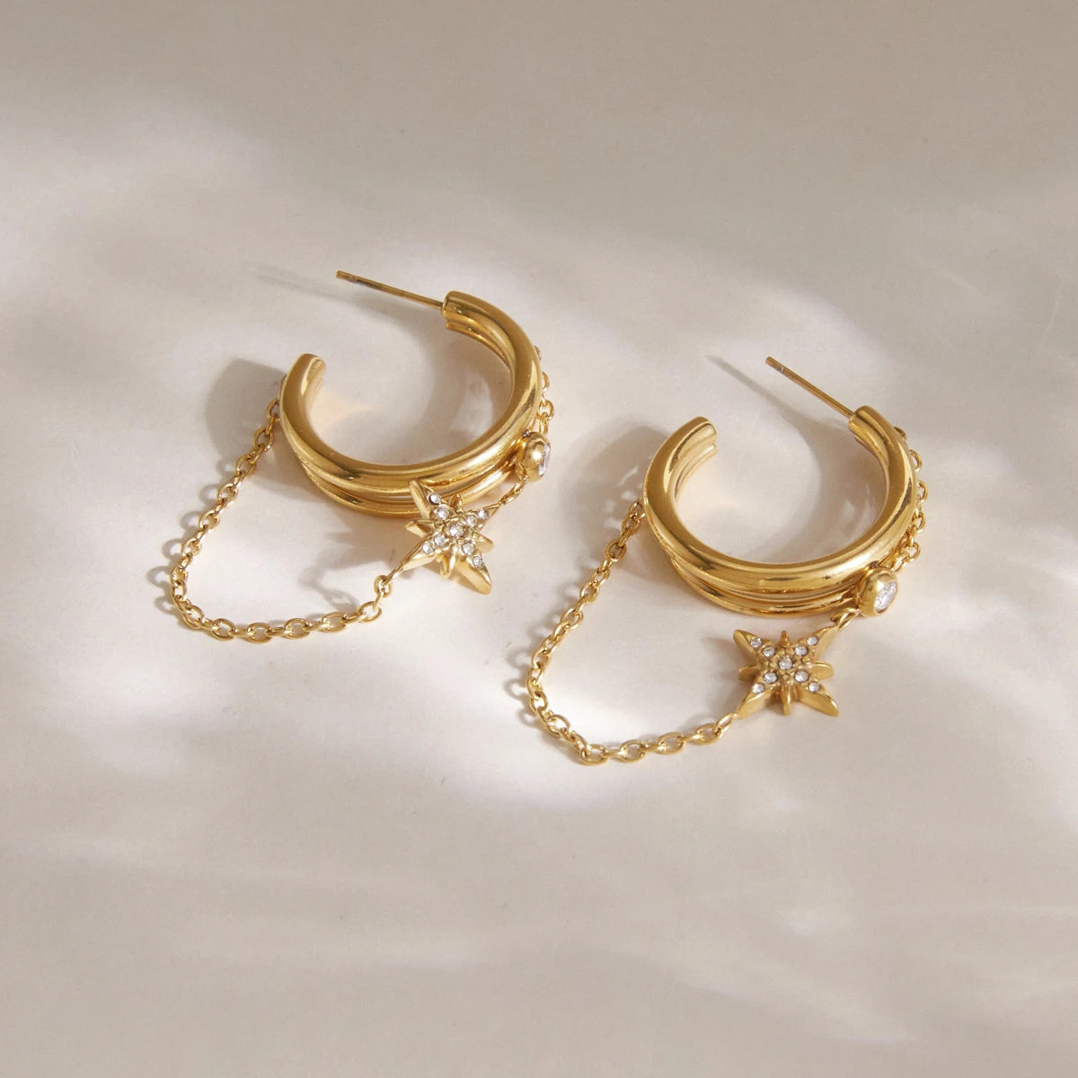 Kika Crystal Star Short Chain Tassel Earrings 18K Gold Plated Stainless Steel 316L