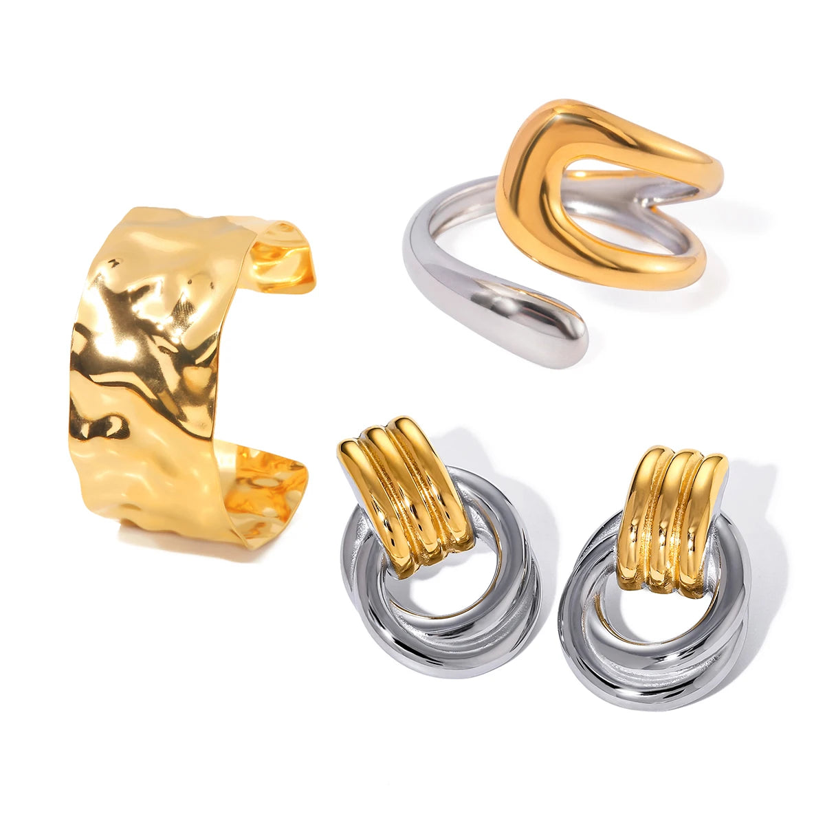 Kika Fashion 4PCS Jewelry Set Wide Face Bracelet Two Tone Ring Women's Jewelry Commuting Attire Gift For Her