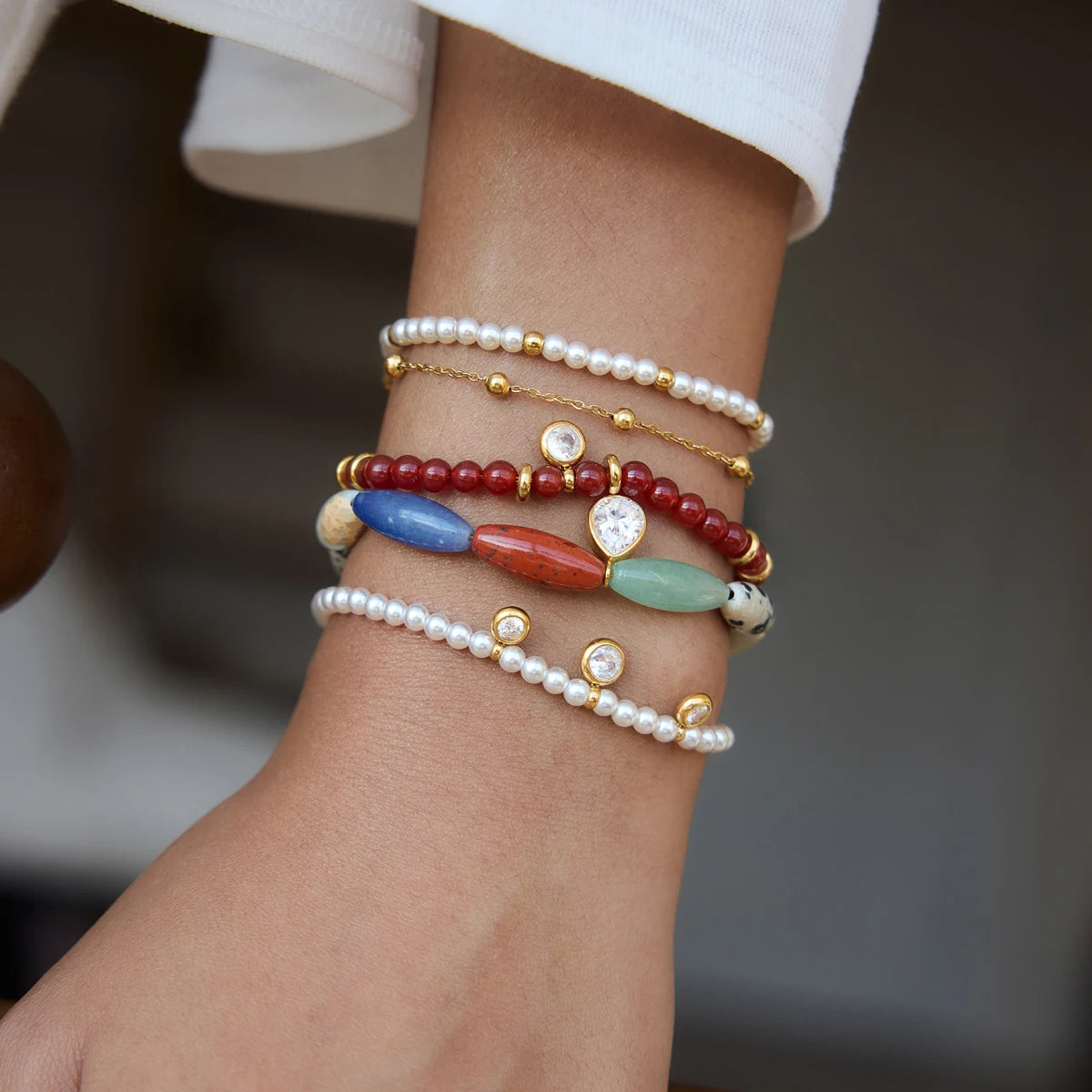 KIKA Water Drop Zircon Charm Bracelet For Women Mixed Natural Stone Beaded Bracelet 18K Gold Plated Stainless Steel Jewelry