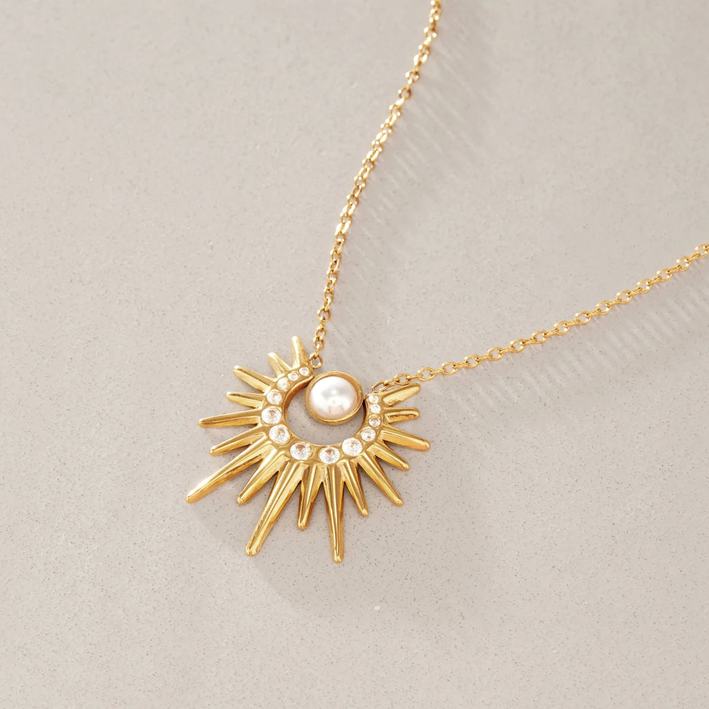 Kika Zircon Acrylic Pearl Sun Pendant Necklace Minimalist 18K Gold Plated Stainless Steel 316L