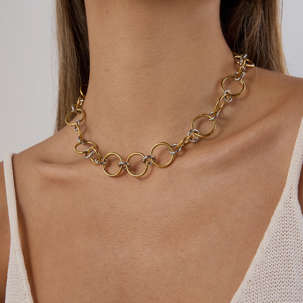 Kika Minimalist 18K Gold Color Stainless Steel Two tone Size Handmade Connection Ring Necklace