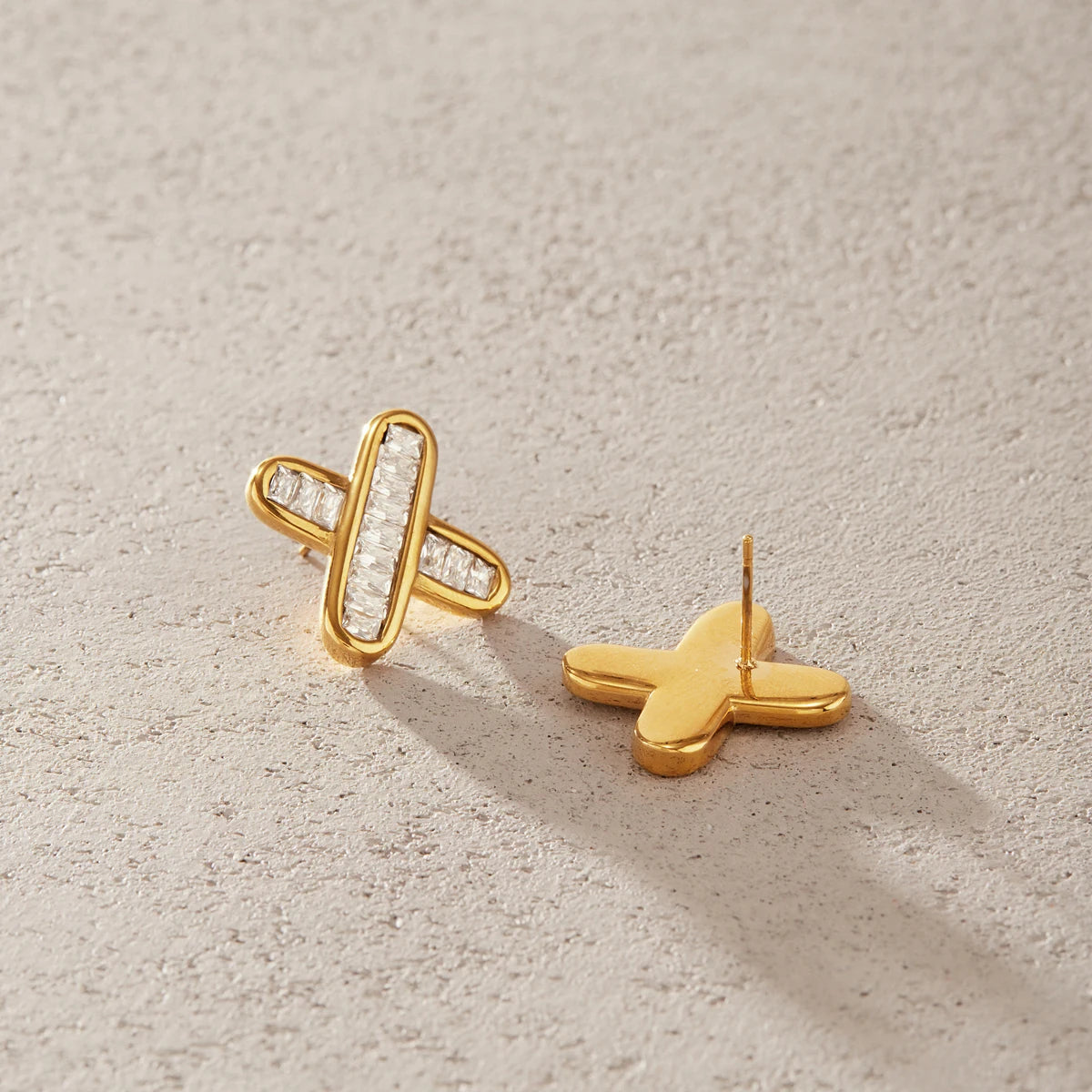 KIKA Delicate Iced Out Zircon Crossed Stud Earrings For Women 18K Gold Plated Stainless Steel Earrings Fashion Jewelry Gift