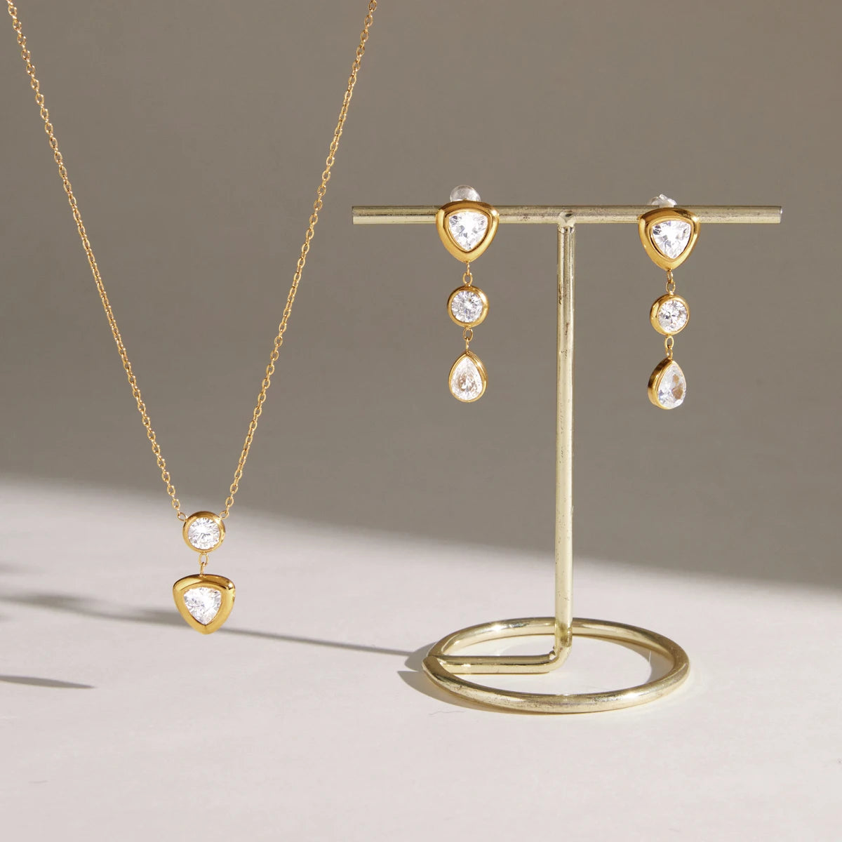 KIKA Elegant Geometric Zircon Pendant Necklace Earrings For Women Minimalist 18K Gold PVD Plated Stainless Steel 316L