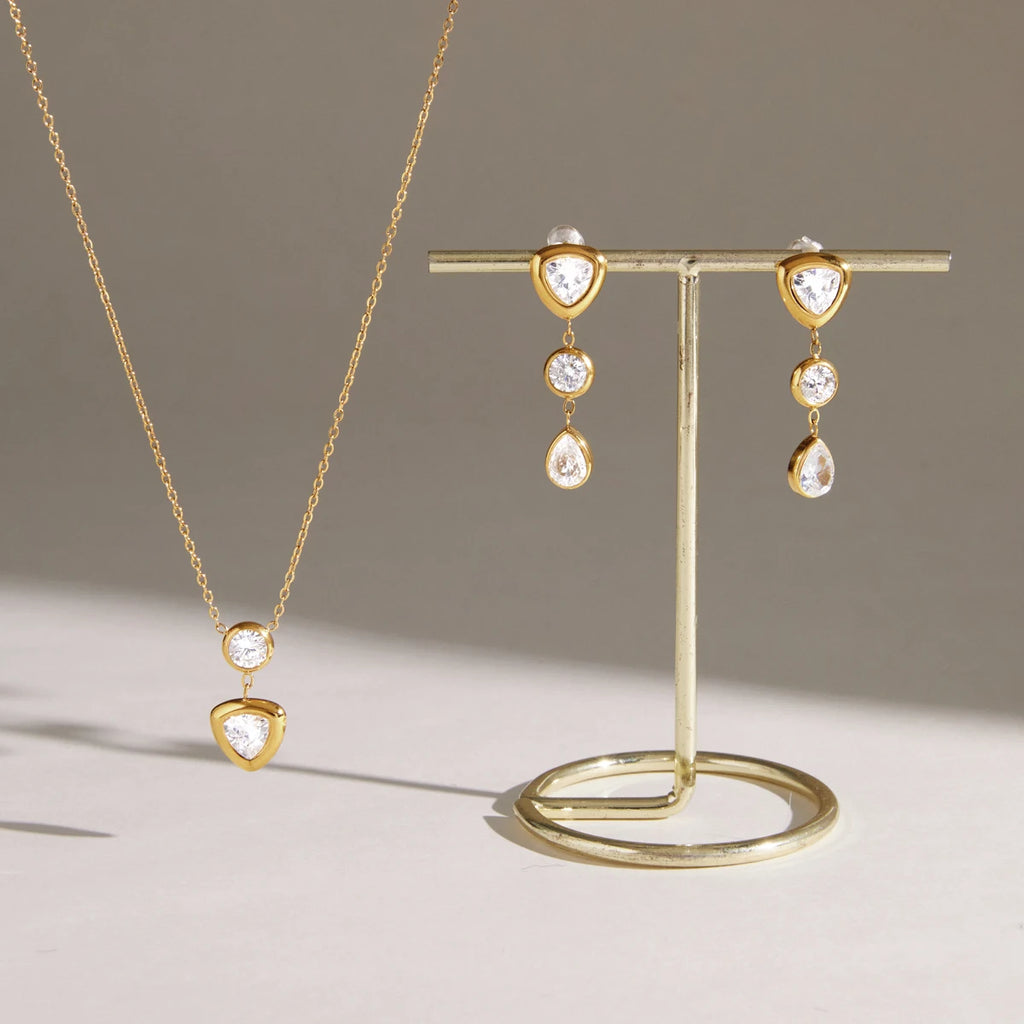 KIKA Elegant Geometric Zircon Pendant Necklace Earrings For Women Minimalist 18K Gold PVD Plated Stainless Steel 316L