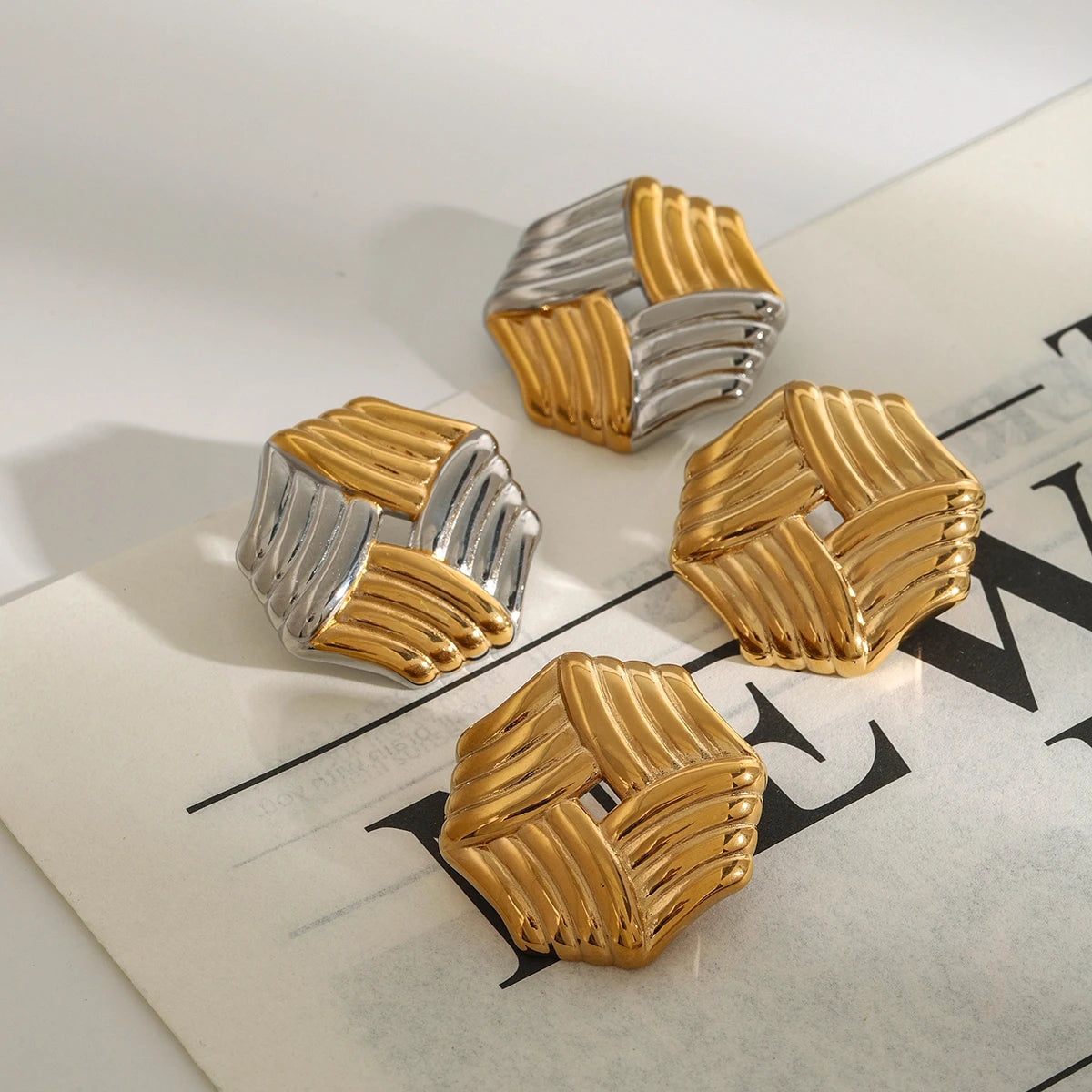 Kika Minimalist 18k Gold Color Stainless Steel Ribbed Geometric Ear Studs