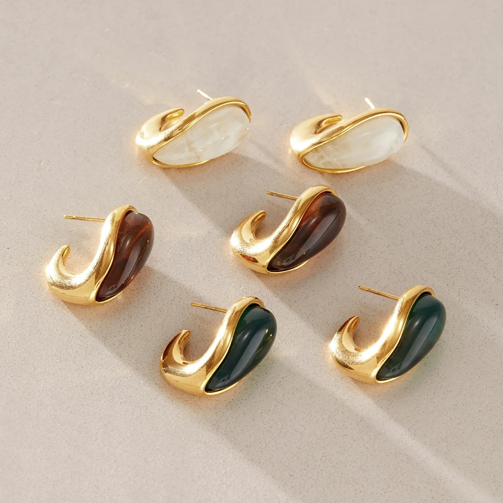KIKA Elegant Geometric Resin C Shape Stud Earrings For Women 18K Gold PVD Plated Stainless Steel 316L Earrings Fashion Jewelry Gift
