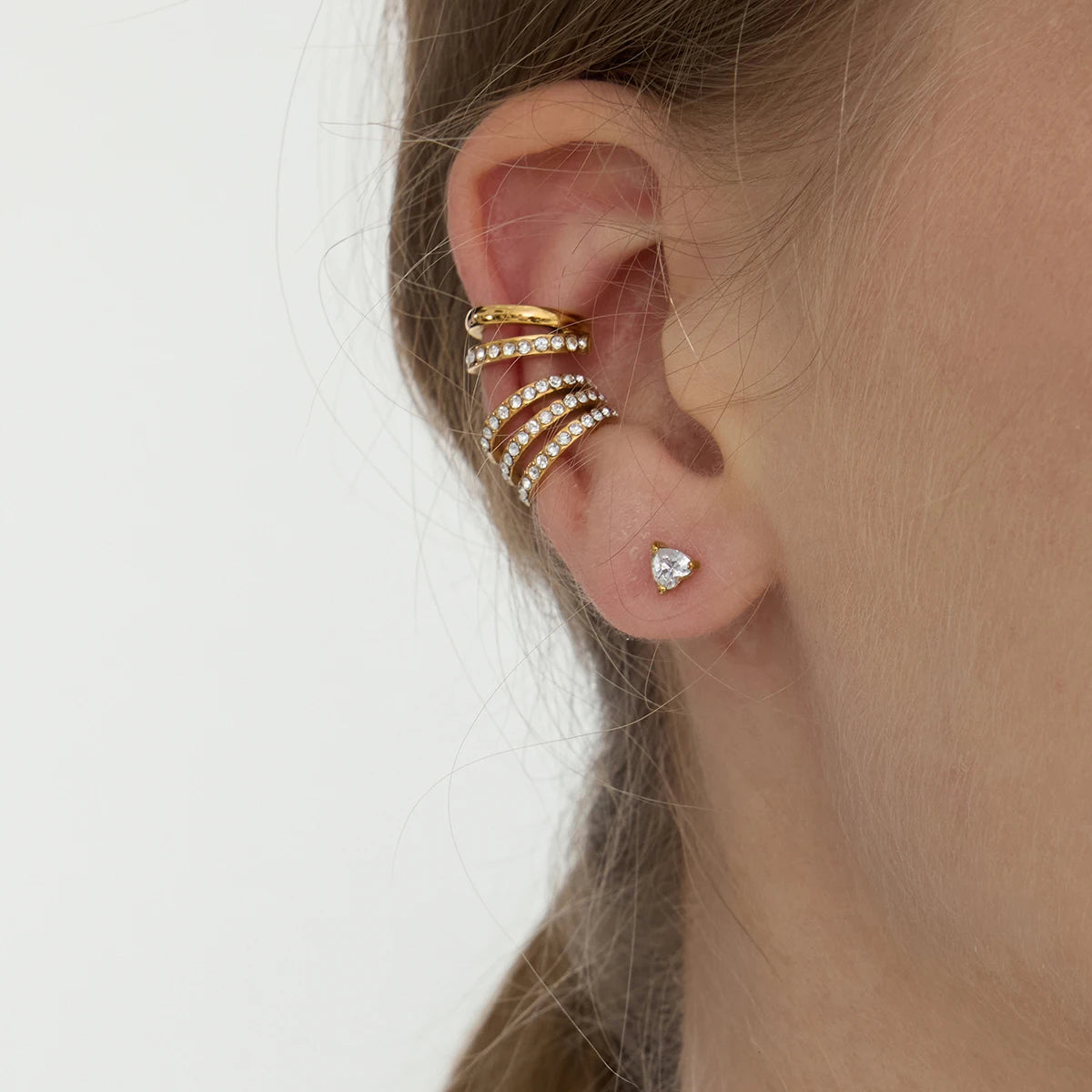 Simple Classic White Zircon Three Layer Earclip Stainless Steel