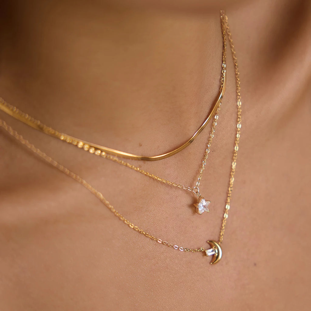 Kika Delicate Square White Zircon Moon Star Pendant With Three Layers Chain Necklaces