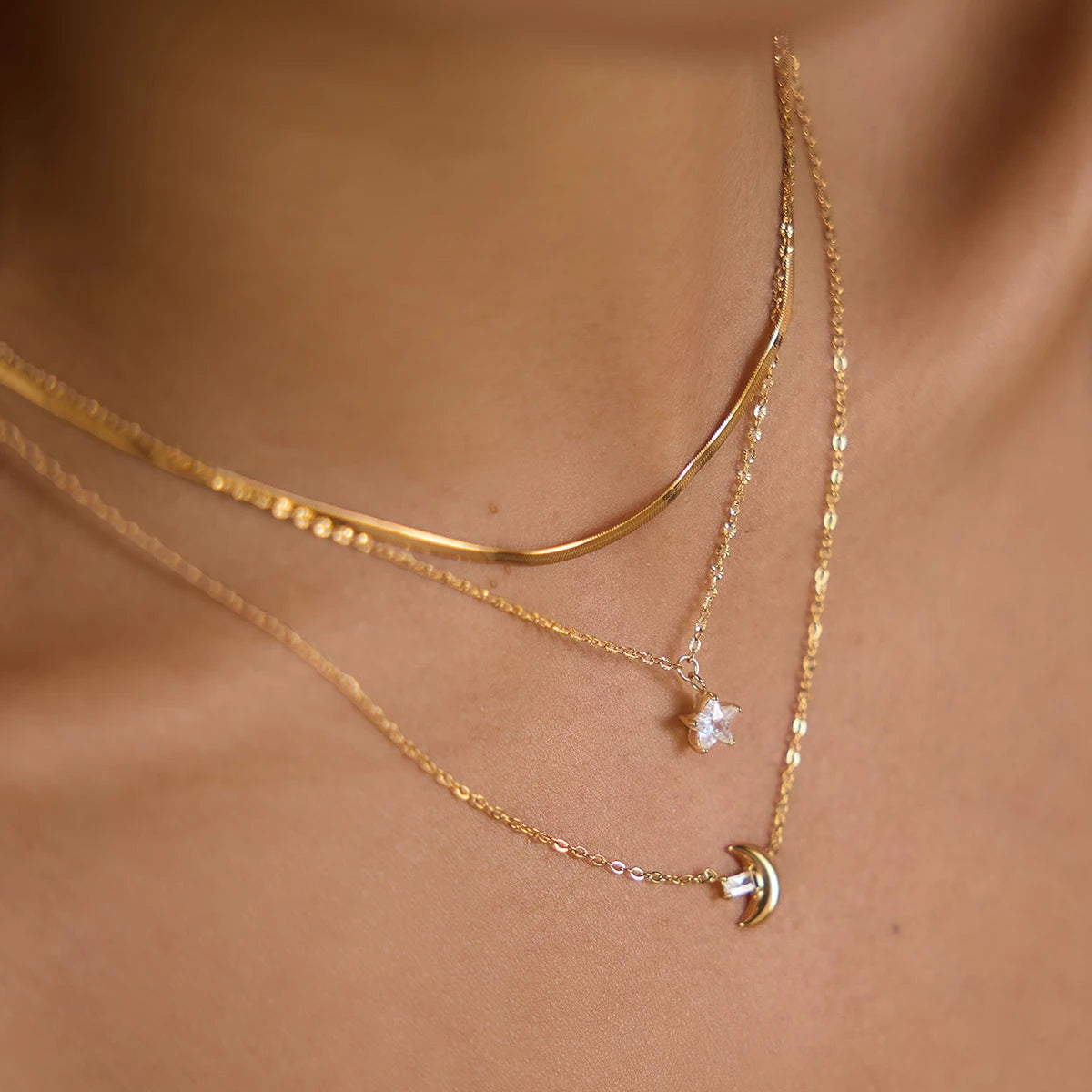 Kika Delicate Square White Zircon Moon Star Pendant With Three Layers Chain Necklaces