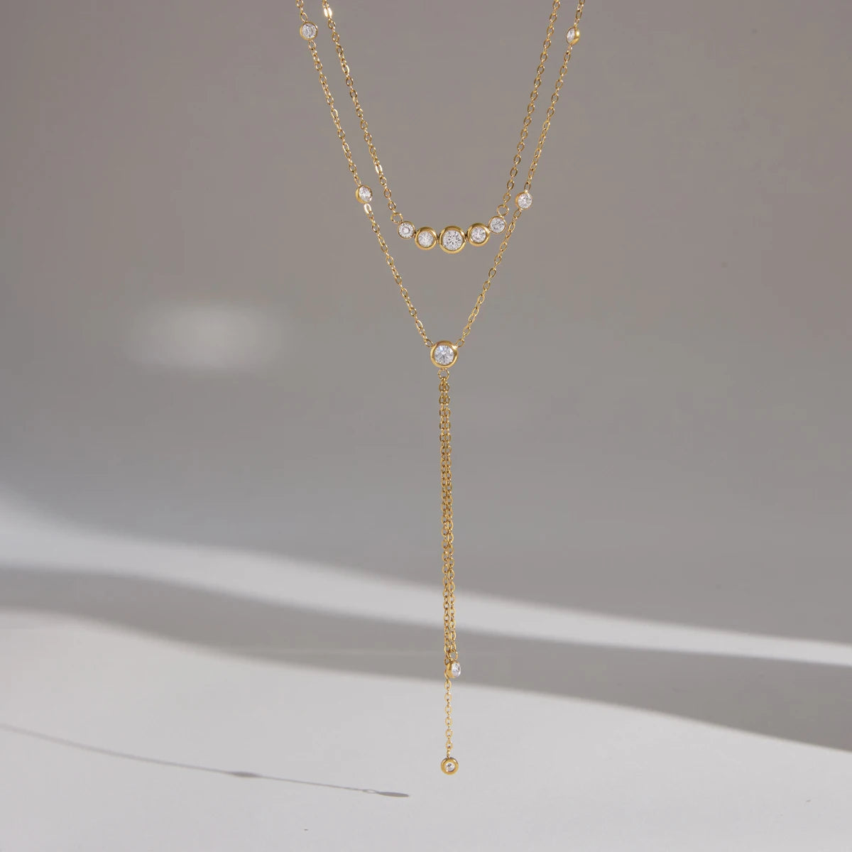 Kika Delicate Round White Zircon Smiley Face Y-Shaped Chain Double-Layer Necklaces