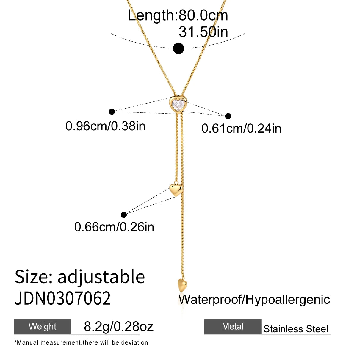 KIKA Geometric Zircon Pendant Necklace  Adjustable 80cm Long Chain 18K Gold PVD Plated Stainless Steel 316L