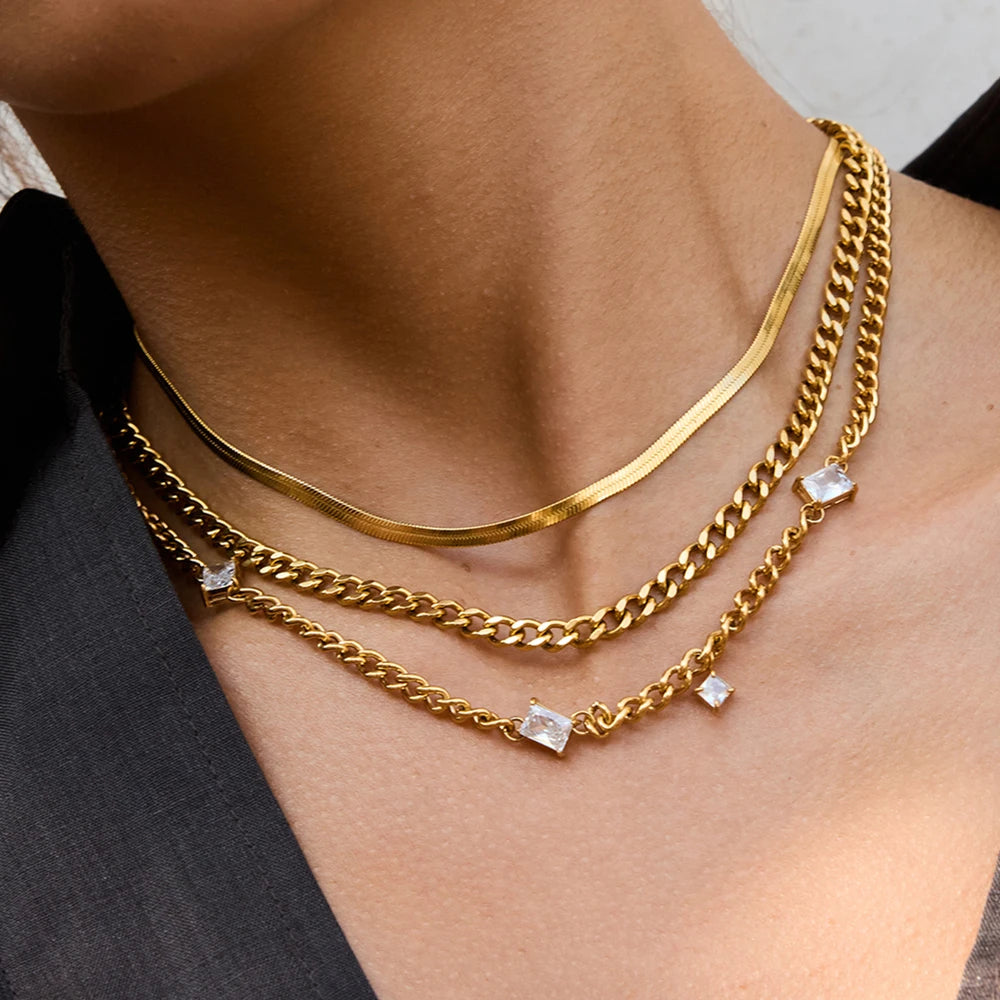 Kika Classic Gold Color White Zircon Chain Necklace