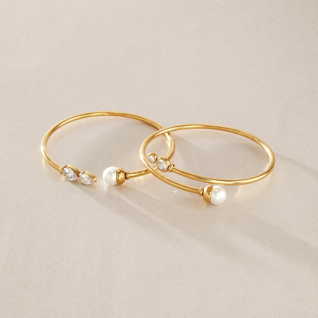 KIKA Imitation Pearl Geometric Zircon Soft Hollow Tube Cuff Bracelet For Women 18K Gold Plated Stainless Steel Bangle Jewelry