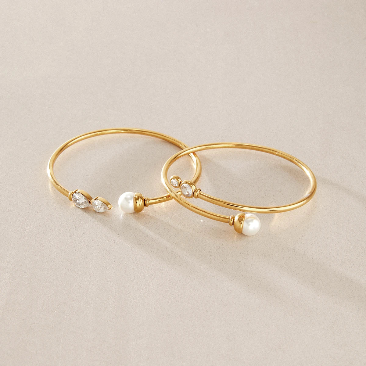 KIKA Imitation Pearl Geometric Zircon Soft Hollow Tube Cuff Bracelet For Women 18K Gold Plated Stainless Steel Bangle Jewelry