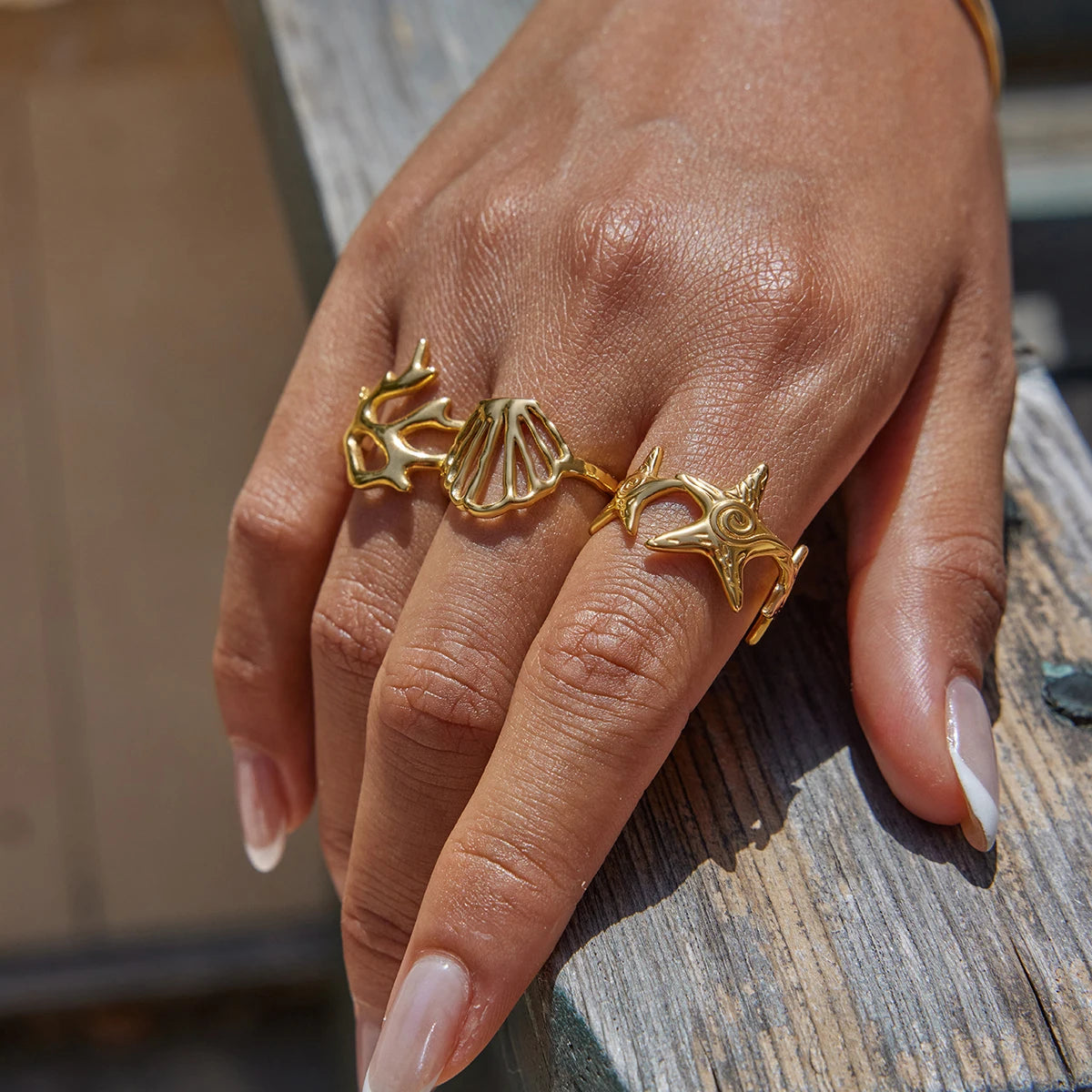 KIKA  Vacation Ocean Wind 18K Gold Color Plated Stainless Steel 316L Hollow Shell Ring Starfish Coral Stackable Ring