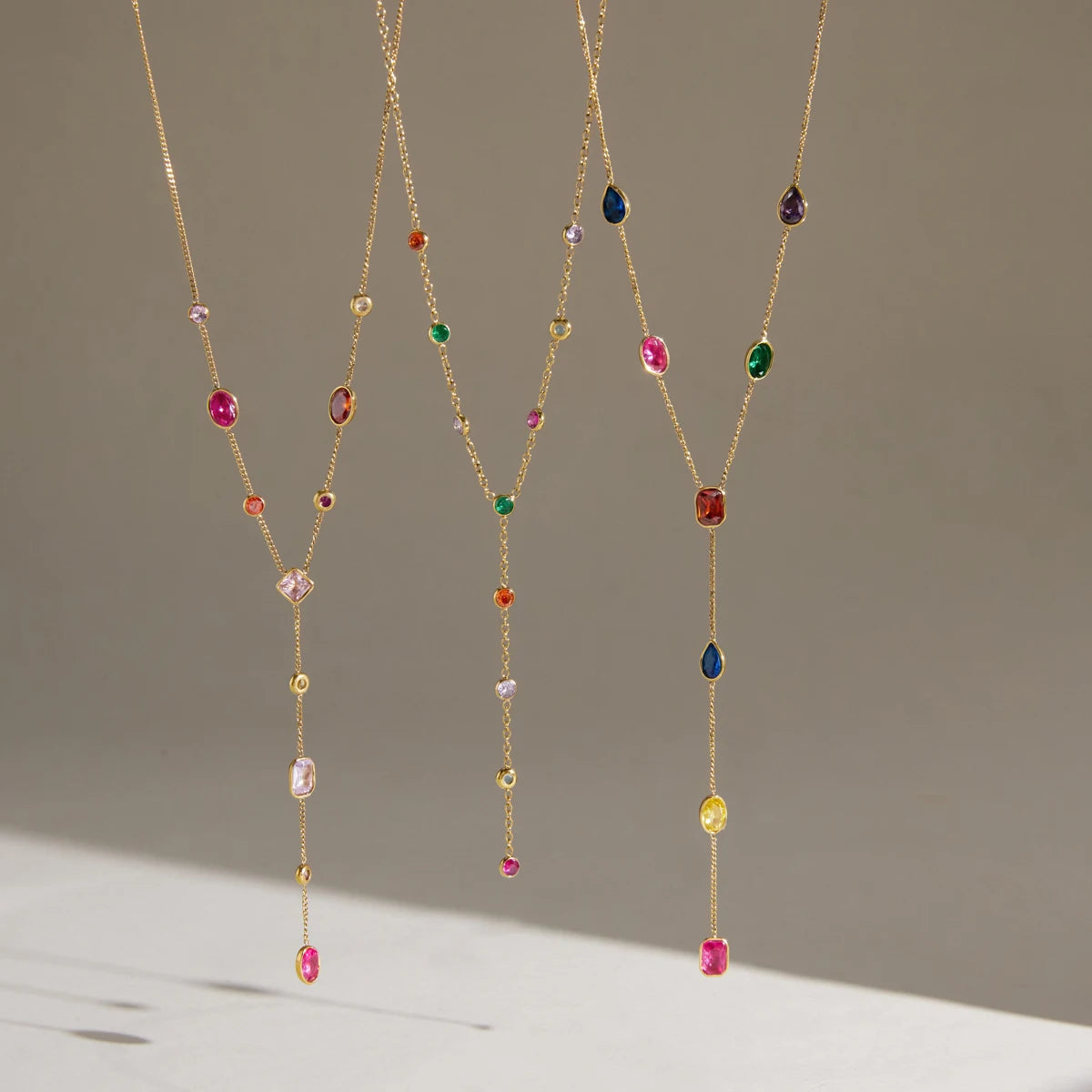 Kika Multicolor Geometric Zircon Y Shape Chain Necklace PVD Plated Stainless Steel