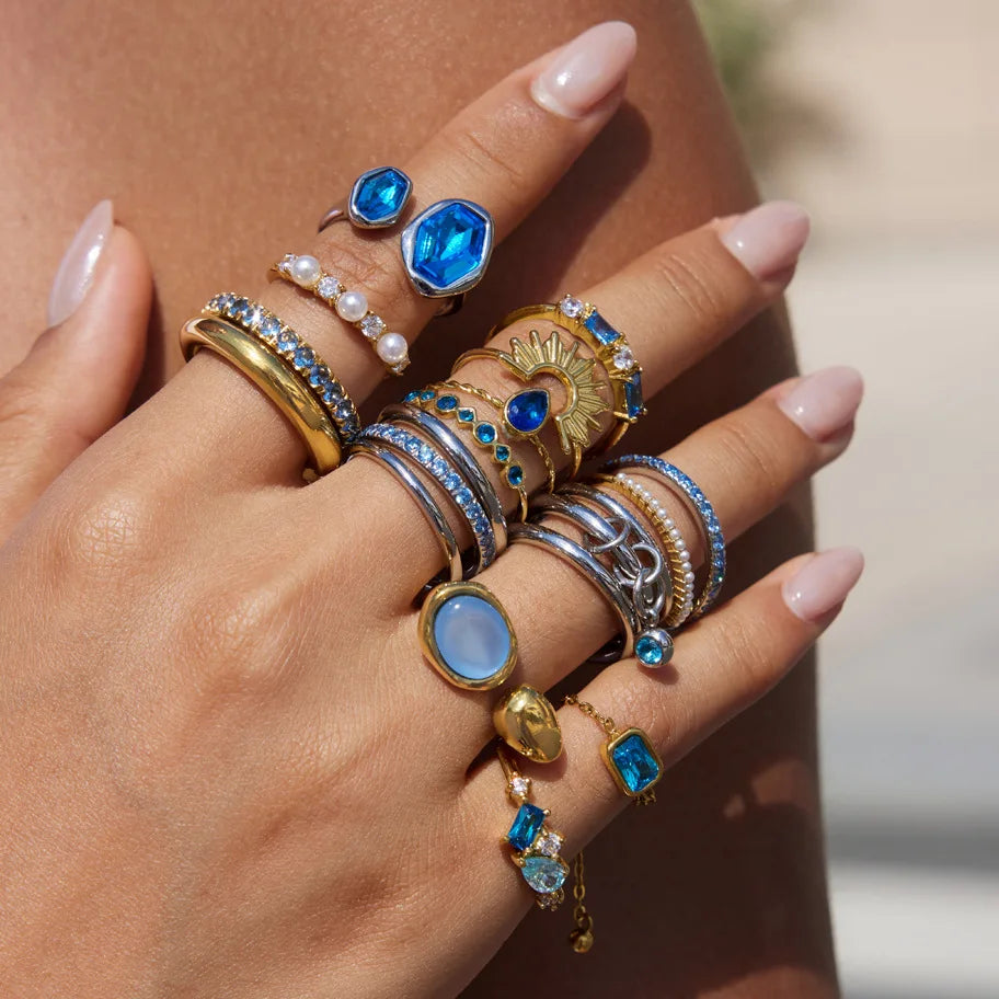 Kika Elegant Blue Zircon Statement Rings 18K Gold PVD Plated Stainless Steel 316L