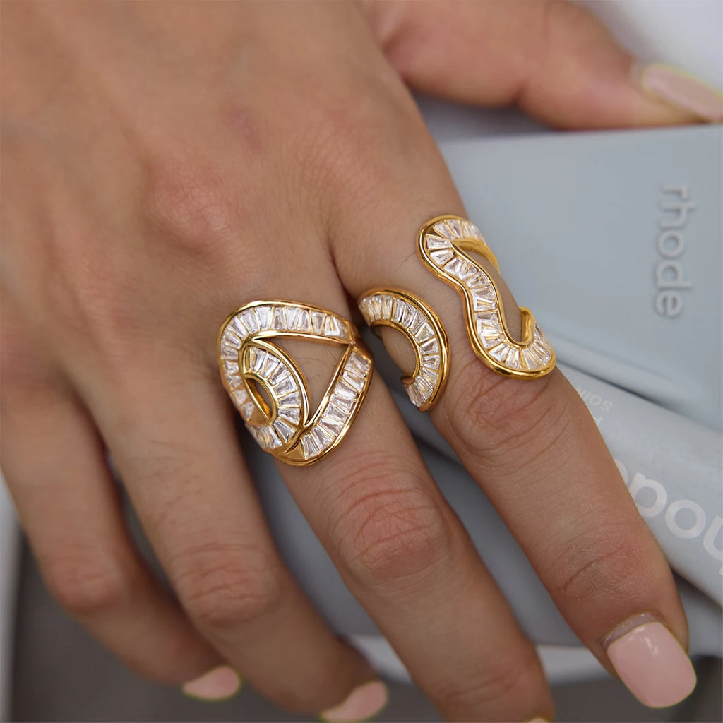 KIKA Full Crystal Geometric Open Rings For Women Minimalist PVD Plated Stainless Steel 316L