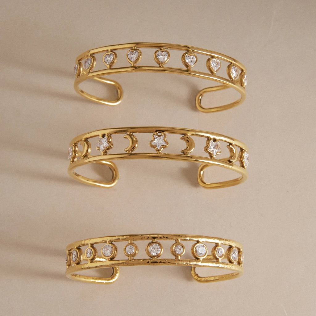 Kika Round Heart Star Zircon Cuff Bracelet For Women Multilayer 18K Gold Plated Stainless Steel Open Bangle Fashion Jewelry