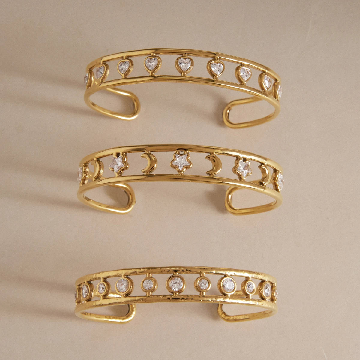Kika Round Heart Star Zircon Cuff Bracelet For Women Multilayer 18K Gold Plated Stainless Steel Open Bangle Fashion Jewelry