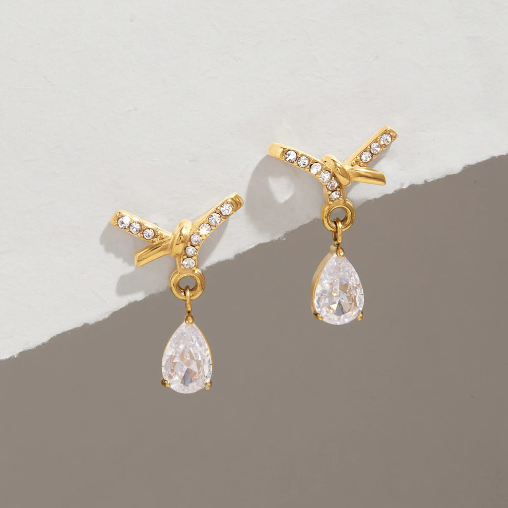 Kika Water Drop Zircon Pendant Bowknot Earrings 18K Gold PVD Plated Stainless Steel 316L