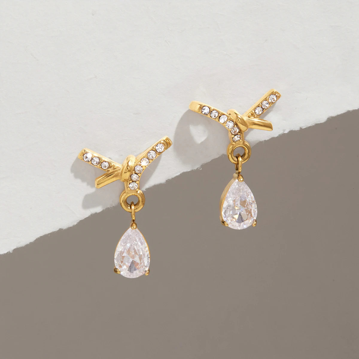 Kika Water Drop Zircon Pendant Bowknot Earrings 18K Gold PVD Plated Stainless Steel 316L
