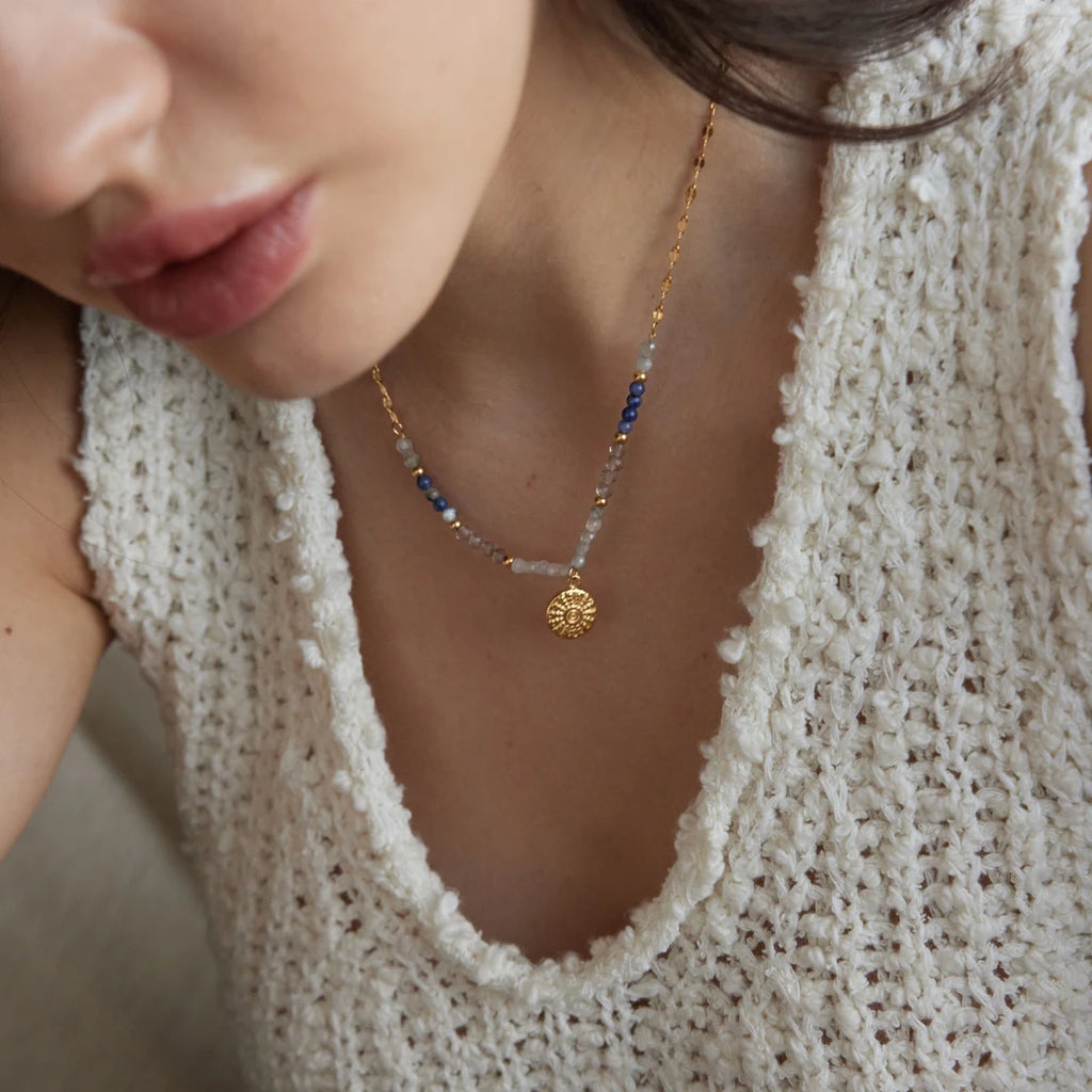 KIKA Natural Stone Beads Geometric Pendant Necklace For Women 18K Gold Plated Stainless Steel 316L