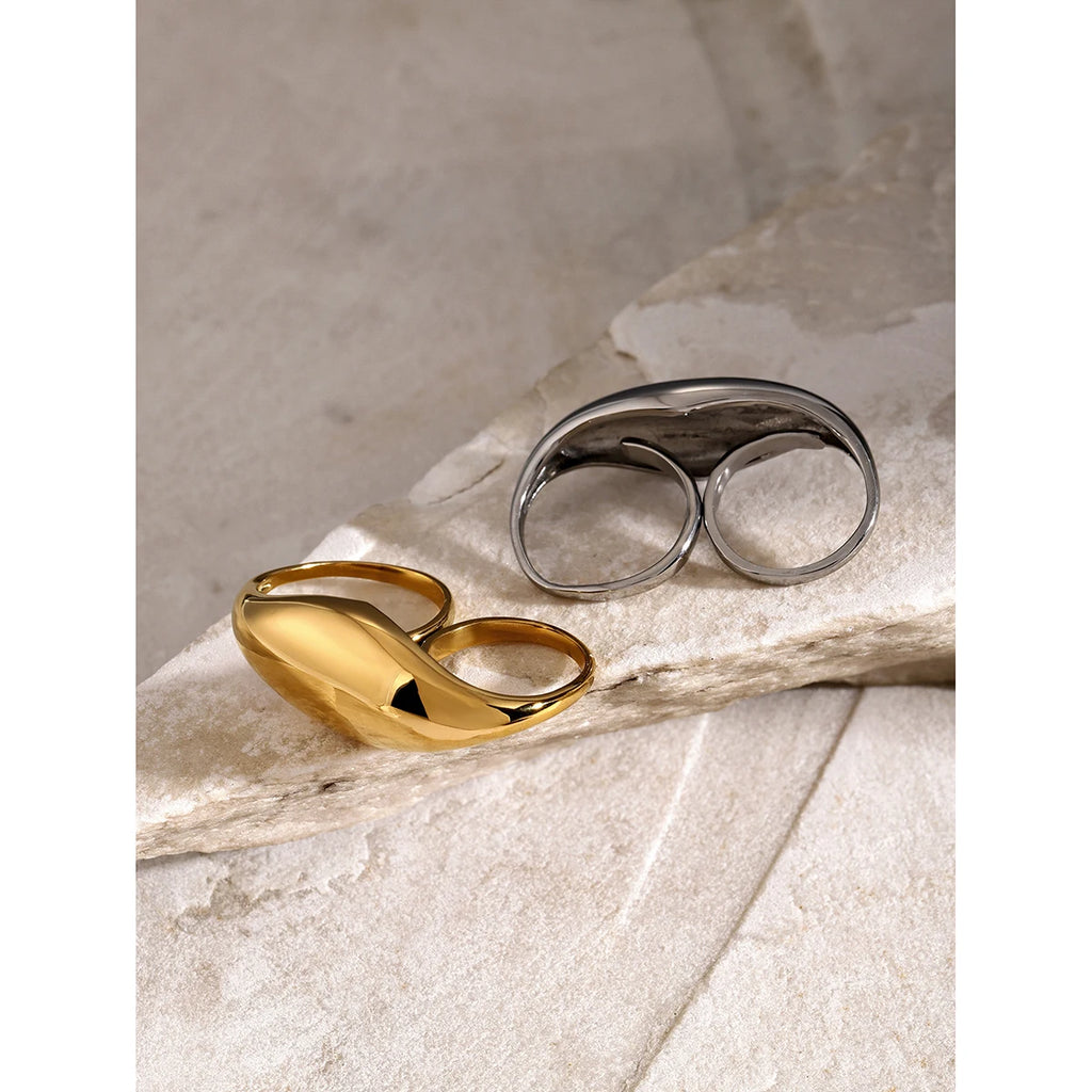 KIKA Trend Stainless Steel Double Ring Double Finger For Women Man Simple Titanium Simple Temperament Creative Party Jewelry