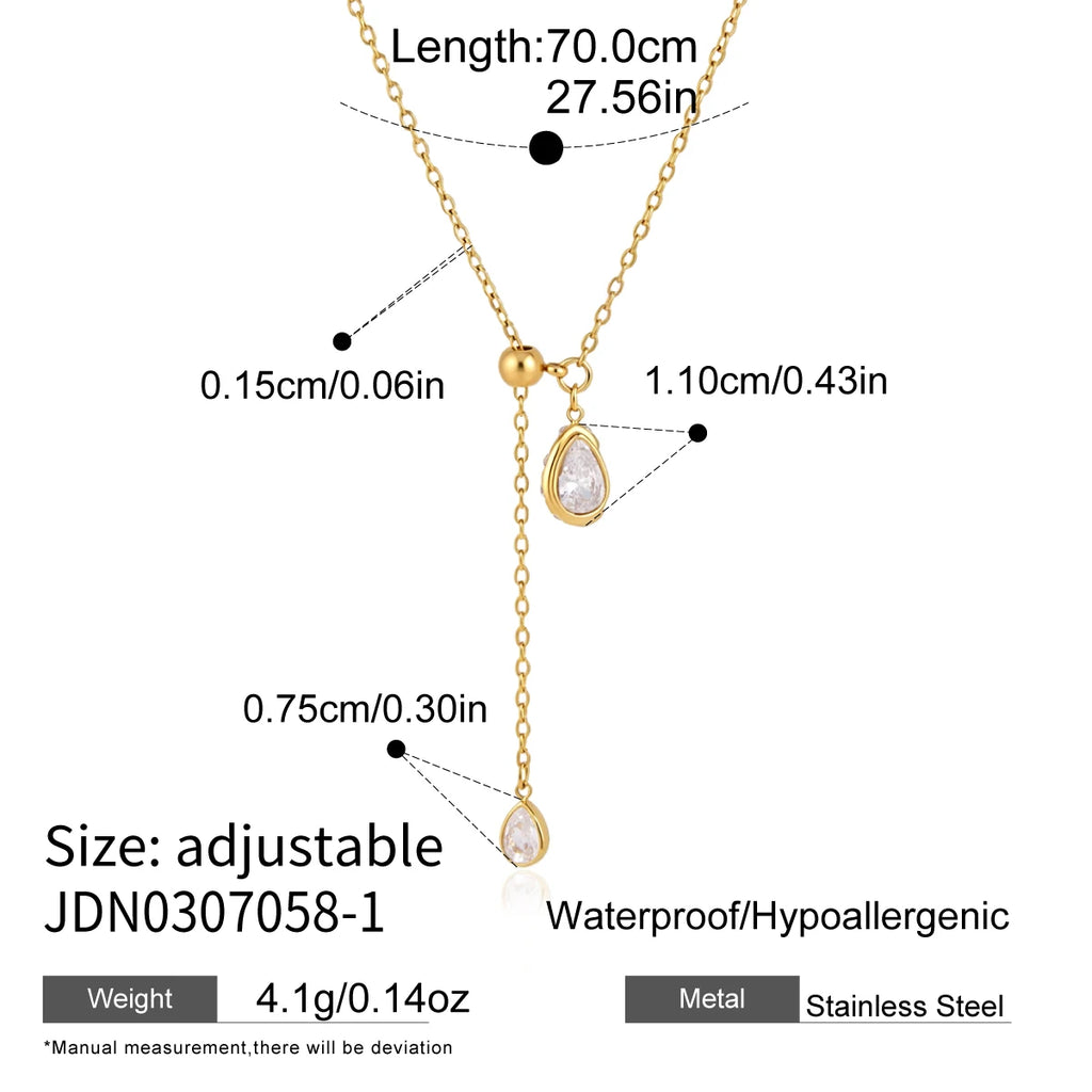 KIKA Geometric Zircon Pendant Necklace For Women Adjustable 70cm Long Chain 18K Gold PVD Plated Stainless Steel 316L