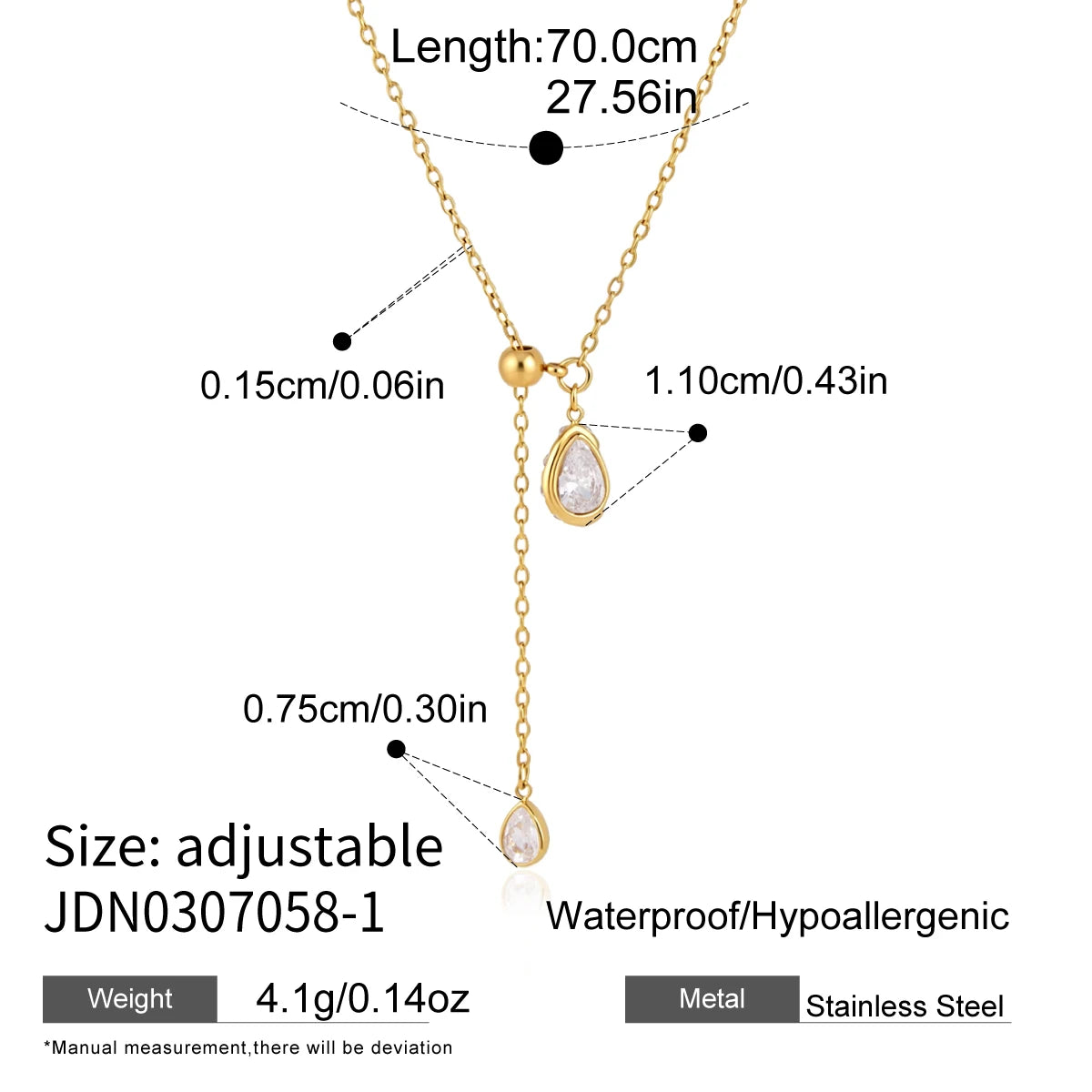 KIKA Geometric Zircon Pendant Necklace For Women Adjustable 70cm Long Chain 18K Gold PVD Plated Stainless Steel 316L