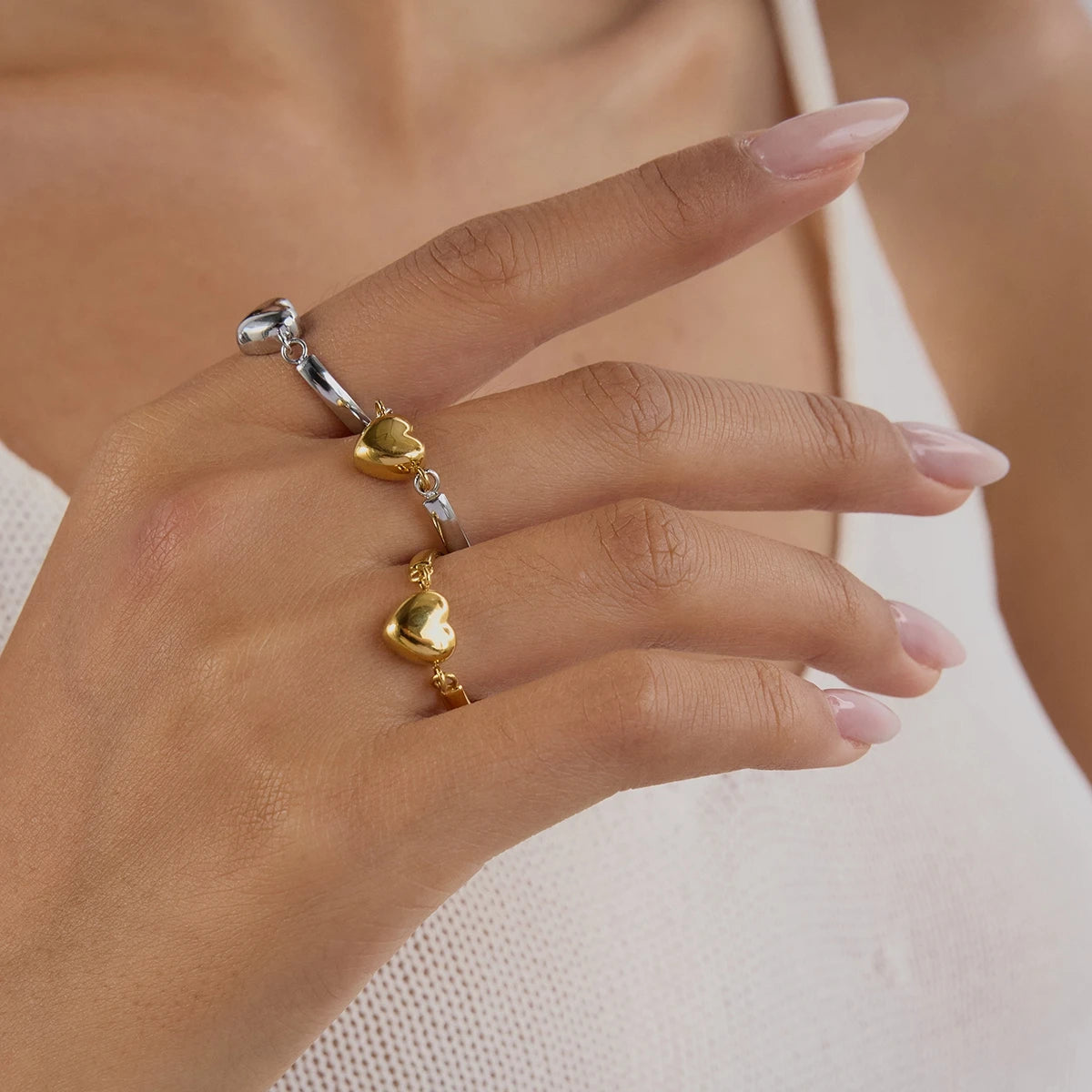 Kika Simple Classic Stainless Steel Heart Ring Love Flip Stacked