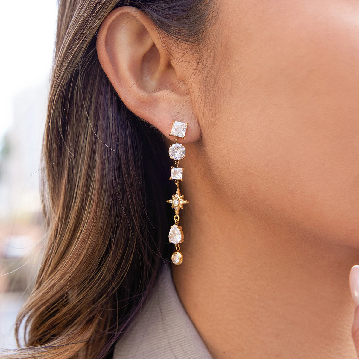 Kika Classic Geometric Zircon Earrings With Star Tassels