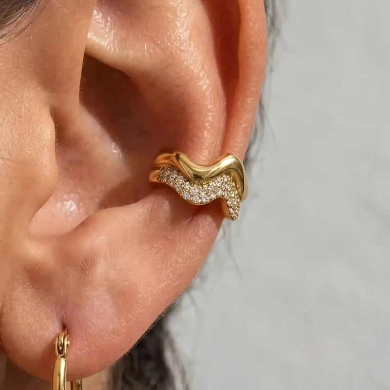 KIKA Iced Out Crystal Wave Shape Non-piercing Ear Clips PVD Plated Stainless Steel 316L