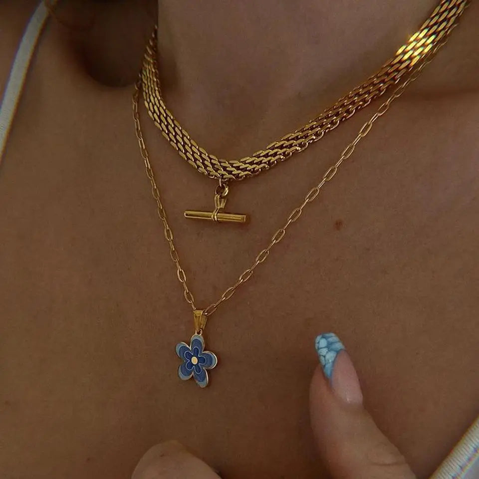 Kika New 18K Gold Color Plating Figaro Cuban Chain T-bar Pendant Necklace