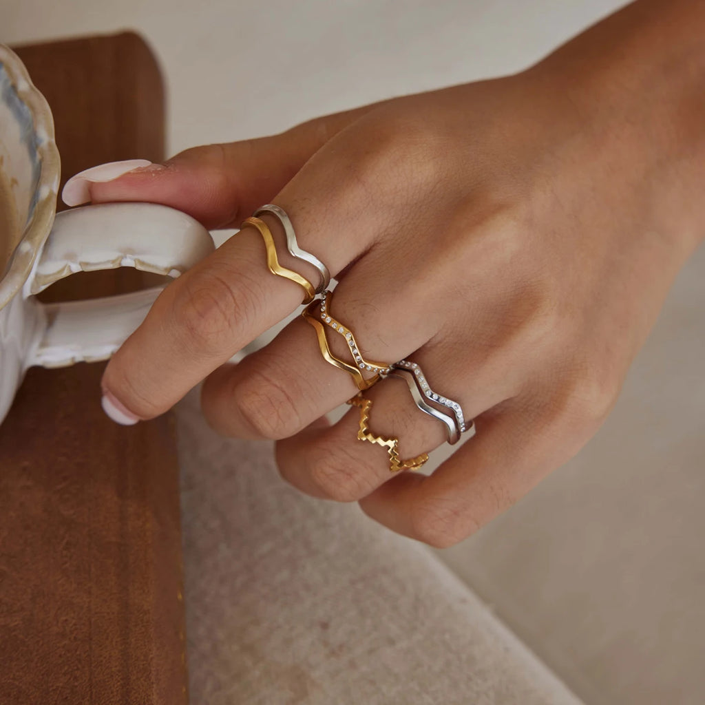 KIKA 2 Pcs/Set Zircon Wave Shape Rings For Women Minimalist 18K Gold PVD Plated Stainless Steel Rings Fashion Jewelry Gift
